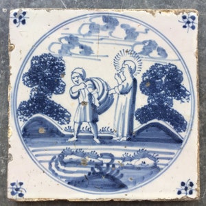 Antique Dutch Delft tile with biblical scene