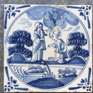Antique Dutch Delft tile with biblical scene