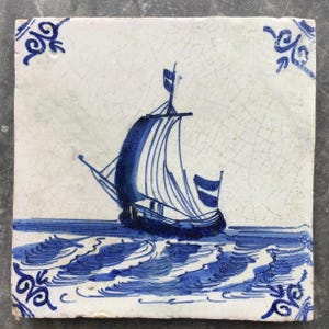 Antique 17th century Dutch Delft tile with sailboat
