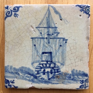 Antique 17th century Dutch Delft tile with Amsterdam ship
