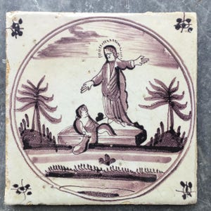 Antique Dutch Delft tile with biblical scene, the resurrection of Lazarus.
