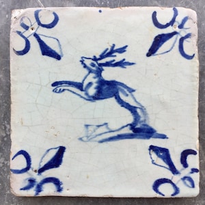Antique 17th century Dutch Delft tile with a stag
