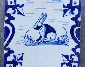 デルフトタイル うさぎ柄 アンティークデルフトタイル：18世紀オランダのウサギのサークル