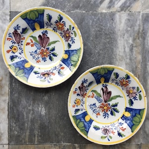 Set of two Antique 18th century Dutch Delft plates with flowers