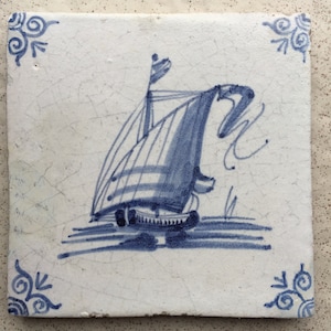 Antique 17th century Dutch Delft tile with sailboat
