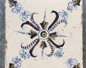 アンティーク オランダ デルフト タイル (16 枚) – 多色花鳥図、1625