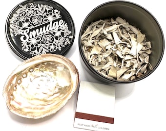 Personal travel smudge tin with abalone shell and sage, matches, teaching. Optional personalization.