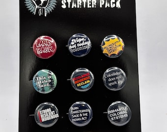 Decolonizer Starter Pack - Indigenous Activist and Ally Buttons - Set of 9. First Nations, Native, Land Back, Reconciliation, Human Rights