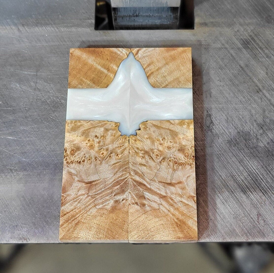 Knife Scales Hybrid Stabilized Maple Burl & Alumilite Resin White Pearl