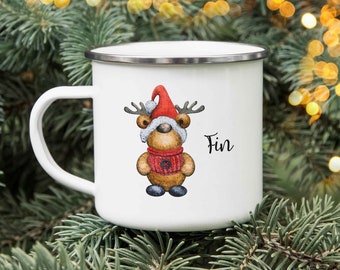 Emaille Becher Weihnachtsbär mit Wunschname beidseitig bedruckt Kaffeetasse Nikolausgeschenk Geschenk Camping Kinder Weihnachten