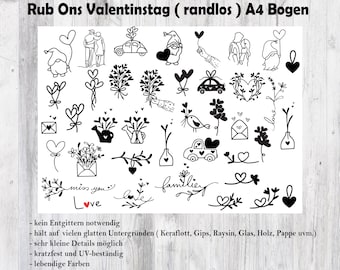 Rub Ons randlos Valentinstag, A4, Transfer Sticker, für Keraflott, Holz, Glas, Raysin