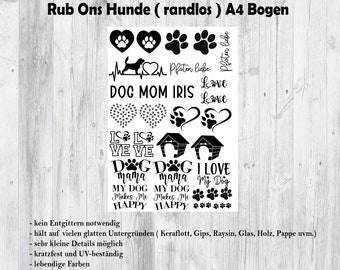 Rub Ons  randlos Hunde, A4, Transfer Sticker, für Keraflott, Holz, Glas, Raysin