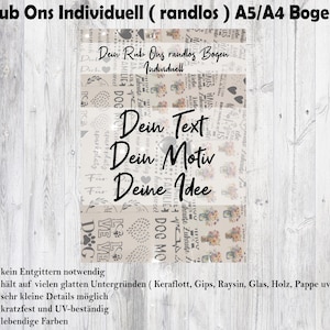 Könnte beinhalten: Eine Bogen Rub-on-Transferbuchstaben und -designs in verschiedenen Schriftarten und Mustern. Der Bogen ist mit "Rub Ons Individuell (randlos) A5/A4 Bogen" beschriftet. Der Text "Dein Text Dein Motiv Deine Idee" ist ebenfalls auf dem Bogen sichtbar. Der Bogen ist für die Verwendung auf verschiedenen Oberflächen konzipiert, darunter Keramik, Glas, Holz und Papier.