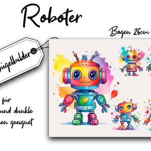 Könnte beinhalten: Vier bunte Roboter-Bügeleisen-Transfers auf weißem Hintergrund. Die Roboter sind alle in verschiedenen Farben und haben verschiedene Gesichtsausdrücke. Der Text "Bügelbilder" und "Roboter" ist auf dem Bild sichtbar. Der Text "Bogen 26cm x 20cm" ist ebenfalls auf dem Bild sichtbar.