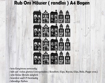 Rub Ons randlos  Häuser, A5,A4, Transfer Sticker, für Keraflott, Holz, Glas, Raysin