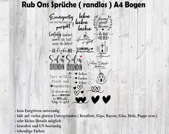 Rub Ons Sprüche (randlos) A4, Transfer Sticker, für Keraflott, Holz, Glas, Raysin