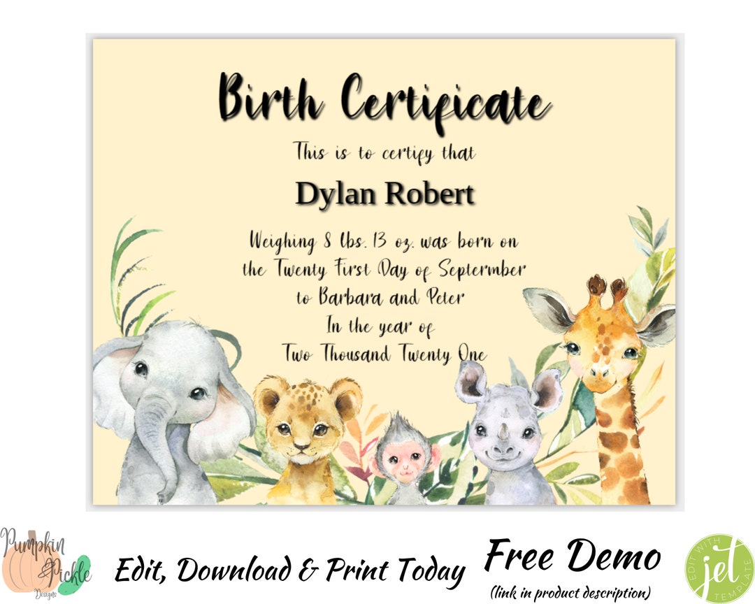 Baby Safari Animal Birth Certificate Gender Neutral Birth Certificate