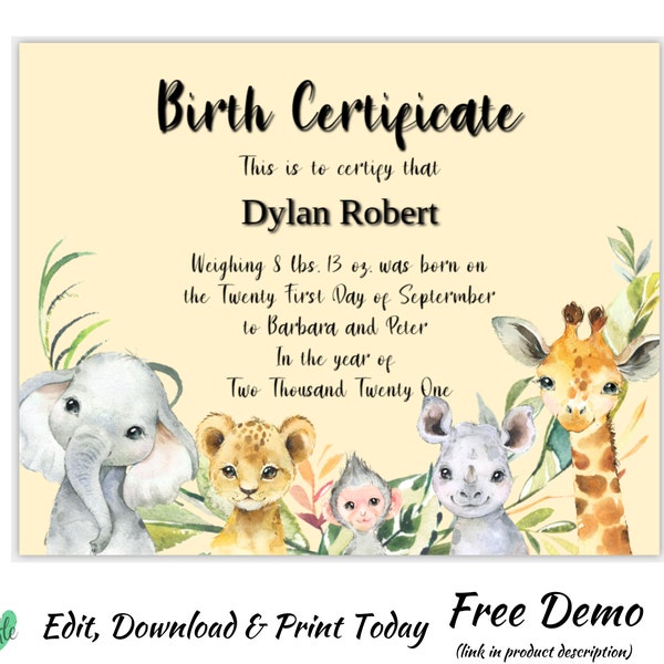 Baby Safari Animal Birth Certificate | Gender Neutral Birth Certificate | Digital | Instant Access Editable with Jet Template