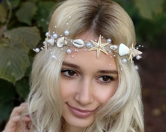 seashell crown starfish crown mermaid crown beach bridal tiara, starfish headband