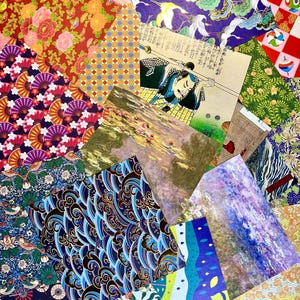 May include: A collection of overlapping square sheets of decorative paper featuring diverse patterns including floral motifs, traditional Japanese woodblock prints, abstract wave designs, impressionist landscapes, and geometric shapes in vibrant colors.