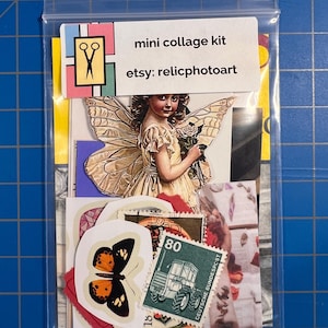 May include: A clear plastic bag containing a mini collage kit with various paper ephemera, including a vintage-style fairy illustration, a butterfly cutout, and a green postage stamp featuring a tractor with the text Deutsche Bundespost.