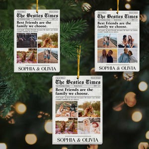 Adorno navideño Besties Times 2024, periódico de regalos de amistad, adorno fotográfico personalizado de mejores amigas, regalos para mejores amigas, decoración navideña