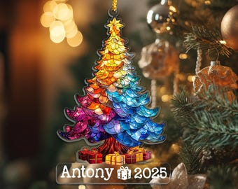 Personalized Stained Glass Christmas Tree Ornament 2025, Custom Name Holiday Keepsake, Christmas Tree Decorations, Xmas Gifts Ideas