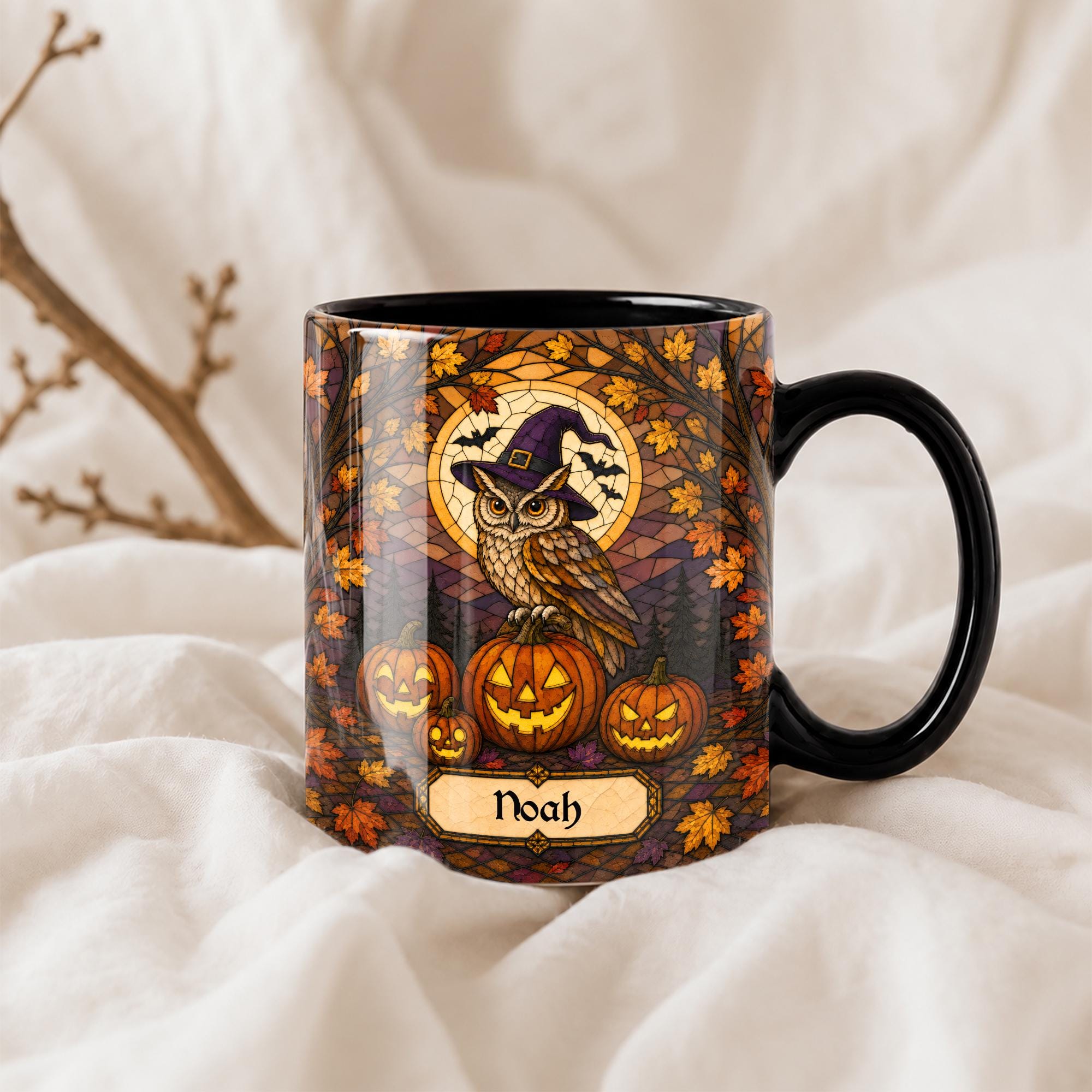 Personalized Halloween Owl Mug, Custom Name Witch Owl Coffee Cup, Pumpkin Spooky Season Gift, Cute O