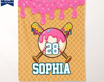 Personalized Ice Cream Drip Baseball Blanket, Boys Baseball Gifts, Gift For Baseball Lover, Baseball Blankets For Boys, Sports Gifts