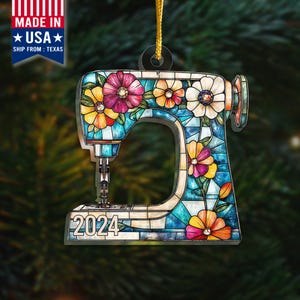 Stained Glass Sewing Machine Suncatcher Ornament, Sewing Lovers Gift, Wild Flower Sewing Machine, ,Tailor Shop Decor Sewing Ornament.