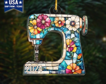 Stained Glass Sewing Machine Suncatcher Ornament, Sewing Lovers Gift, Wild Flower Sewing Machine, ,Tailor Shop Decor Sewing Ornament.