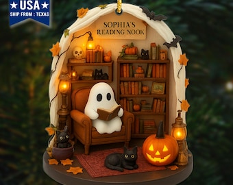 Adornos de Halloween, regalos para amantes de los libros, decoración de fantasmas, regalos espeluznantes, regalos góticos, adorno acrílico personalizado de rincón de lectura de fantasmas.