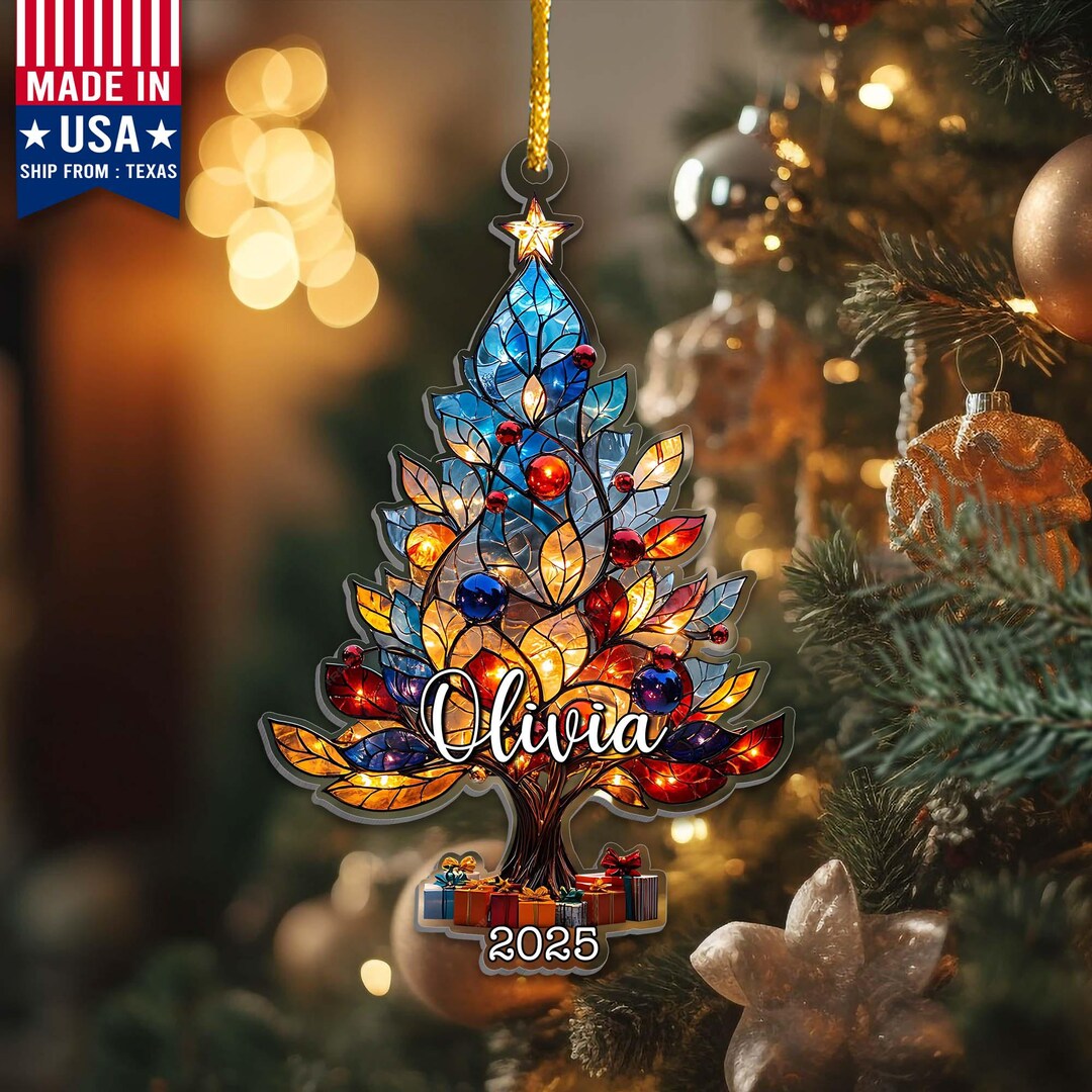 Custom Faux Stained Glass Christmas Tree Ornament, Elegant Christmas ...