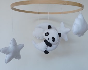 Panda mobile on moon, stars and clouds. Neutral baby mobile. Baby room decoration. Birth gift.