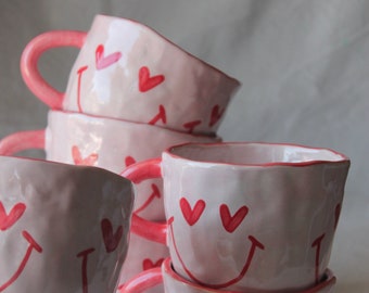 handmade mug, ceramic mug, hearted mug, heart face, joyful gift, gift for her