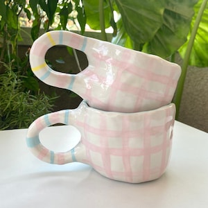 Pastel handmade mug, handmade ceramic, pastel coffee mug, gingham, pink gingham mug, tea mug