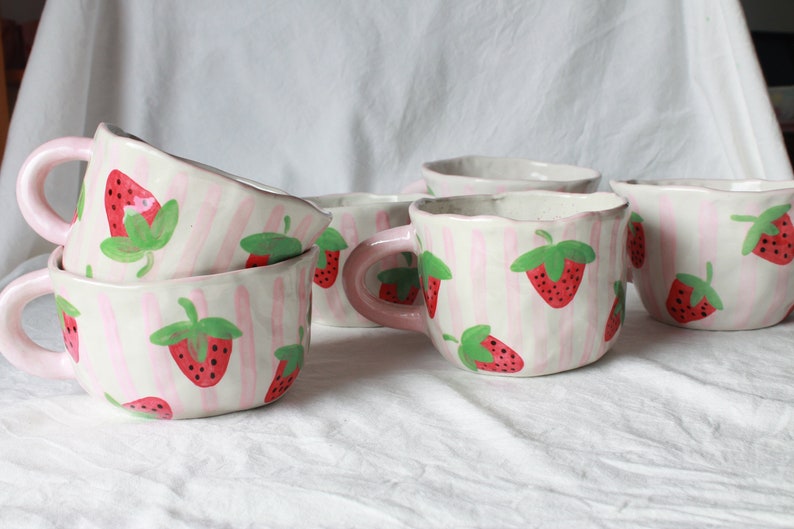 strawberry mug, fruit mug, ceramic mug cute, gift mug, floral mug, custom cofffee mug, ceramic mug gift image 3