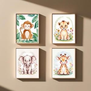 Baby Zoo Animal Nursery Art Prints | Set of 4 | Digital Download | Safari Decor | Nursery Wall Art