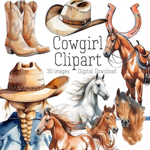 Cowgirl and Horse Clip Art | Western Digital Art | Rodeo Illustration | Country Printable | Scrapbooking Farm Art | Equestrian Printable