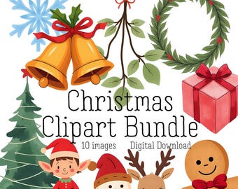 Christmas Clip Art Bundle | 10 PNG Files | Seasonal Design Set | Holiday Digital Art | Xmas Graphics Pack | Seasonal Digital Art | Santa PNG