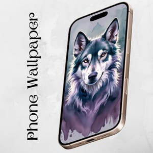 May include: A phone wallpaper featuring a watercolor painting of a wolf's head. The wolf has a light gray and black coat with a purple and blue background.