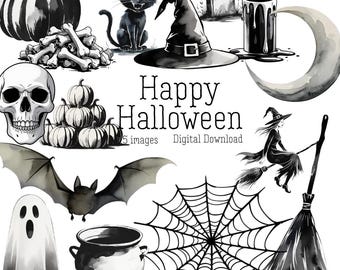 Halloween Clip Art Bundle | Watercolor Digital Download | Party Decor | Printable Halloween Art | Halloween Themes | Halloween Printables