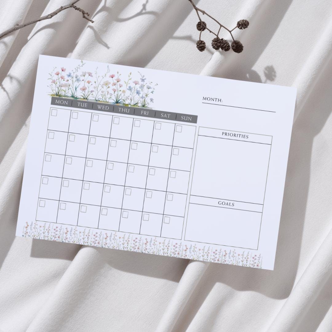 Wildflower Monthly Calendar Printable | Undated Calendar Digital ...