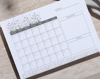 Calendario mensual imprimible de flores silvestres / Calendario digital sin fecha / Planificador de oficina / Tema de naturaleza / Planificador digital sin fecha