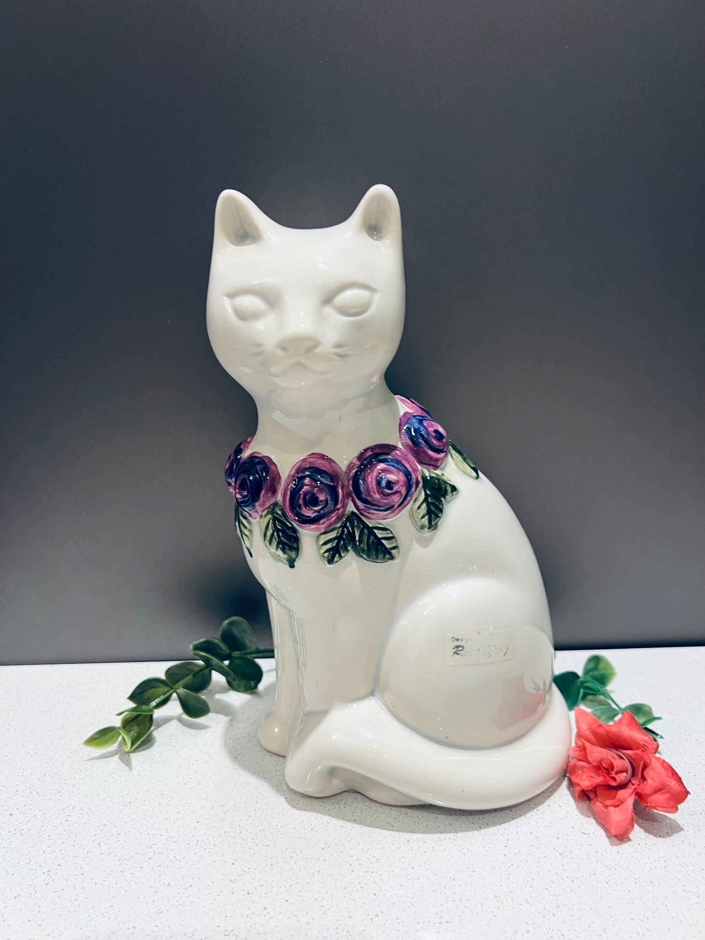Rare Rosa Ljung Sweden. Beautiful Large Ceramic Cat Figure. Flower