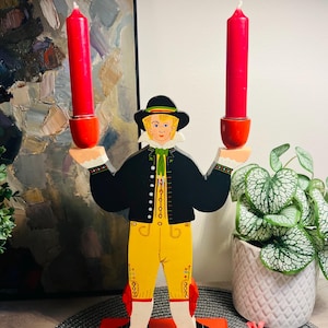Amazing Swedish wodden boy  Candleholder, handmade, ikea vintage hand painted, red woodden candleholder, christmas 1980’ies candelabra,