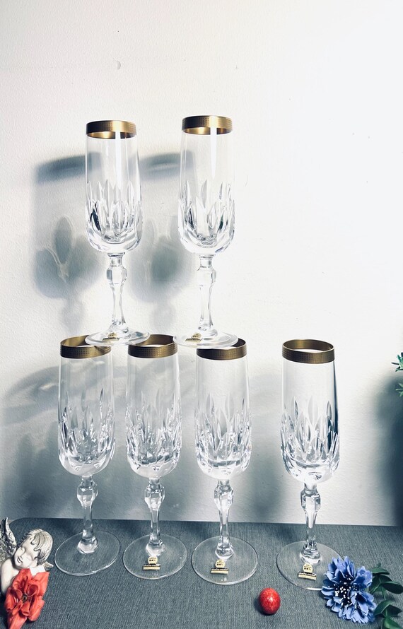 Vintage Cristallerie 6 Stück Champagner Gläser Hutschenreuther Drache modell (Rosenthal) 24 k Gold Dekor Deutschland Genuine Bleikristall 24% Cut