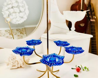 Vintage,rare  beautiful cobalt blue Gunnar Ander Ystad Metall mcm candle holder Scandinavian 1950s design brass  blue glass Sweden