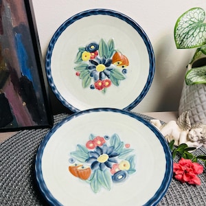 Puede incluir: Dos platos de cerámica blanca con borde azul y diseño floral. Las flores son azules, amarillas, rojas y verdes. Los platos son perfectos para servir aperitivos o postres.