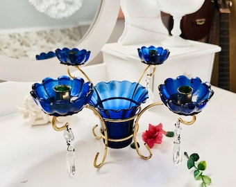 Vintage,rare  beautiful cobalt blue Gunnar Ander Ystad Metall mcm candle holder Scandinavian 1950s design brass and blue glass Sweden